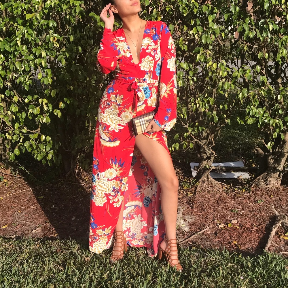 Red Floral Long Sleeve Wrap Dress